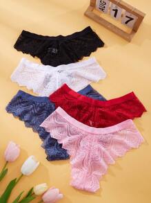 5pcs Ladies Sexy Lace Panties Mature Romantic Bowknot Women's Thongs Women's Breathable Lace Thongs Women Thongs Brozilian Panties Black Underwear Bikini Panties For Women Panty Set Lace Panties - Multicolor - View 2