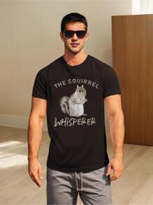 Comfortable Round Neck Squirrel Secret Text Printed - Casual Short Sleeve Men'S-Shirt - Spring Summer Fashion Tops Daily WearSuitable Both Men And Wo - Black - View 5