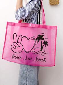 Deace Love Beach Letters Scissor Hands, Hearts And Coconut Trees Pattern Gauze Shoulder Bag, Room Decor, Bags, Makeup Bag, Vanity, Travel, Make Up Bag, Travel Essentials, Organizer, Storage, Travel Essential, Makeup Organizer, Makeup Bags, Washing Bag, Desk Organizer, Cosmetic Bag, Makeup Pouch, Makeup Organizer, Vanity Accessories, Makeup Pouch, Makeup Bags, Gifts for Women, Christmas Gifts, Gift Ideas for Women, Pouch, Makeup Pouch, Travel Essential - 粉色 - 查看 8