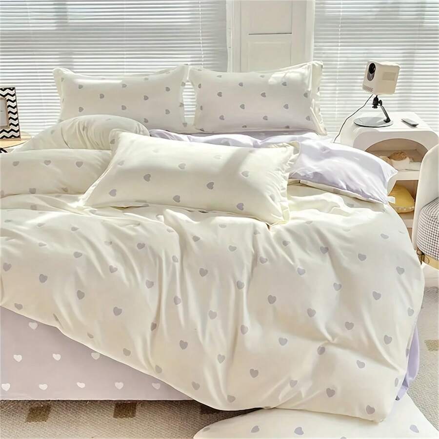 3pcs Soft And Comfortable Ins Style Pink Small Floral Double-Layer Yarn, 1 Duvet Cover+2 Pillowcases Set - Love Gray - View 1