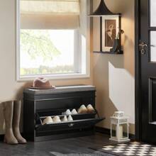 SoBuy 门厅鞋凳鞋架鞋柜带座垫和翻盖抽屉黑色宽75 x 深24 x 高51厘米 FSR82-L-SCH - 黑色 - 查看 3