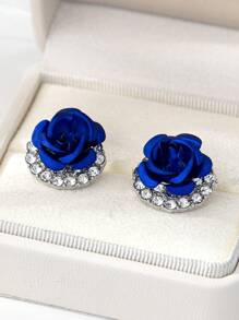 1 par de nuevos pendientes de flor de rosa azul cristalina, elegantes y minimalistas, aretes florales con estilo para mujeres
