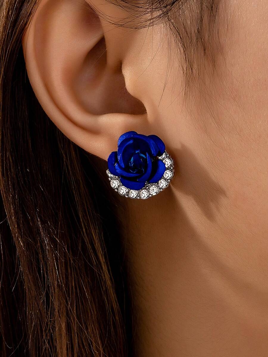1 par de nuevos pendientes de flor de rosa azul cristalina, elegantes y minimalistas, aretes florales con estilo para mujeres