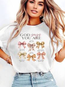 Dames T-shirt met bloemenstrikprint - Vintage esthetiek, inspirerende christelijke quote, casual kleding voor alle seizoenen