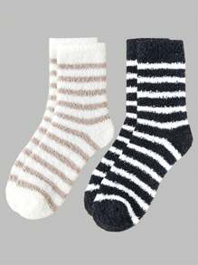 2 双男式舒适纯色温暖柔软毛绒条纹黑色袜子舒适蓬松四分之一袜子