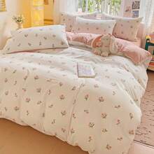 Juego de 3 piezas de hilo de doble capa con pequeñas flores rosas, suave y cómodo, 1 funda de edredón + 2 fundas de almohada - tulipán - Ver 8