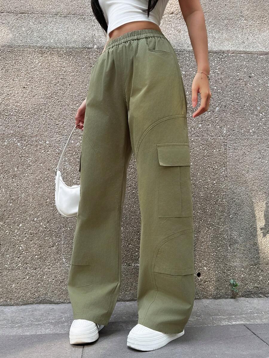 Structural Design Segmentation Line Splicing Street Casual Cargo Women's Pants Festival - Green - View 1