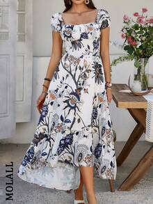 波西米亚风格露背收腰露肩花卉印花连衣裙，夏季