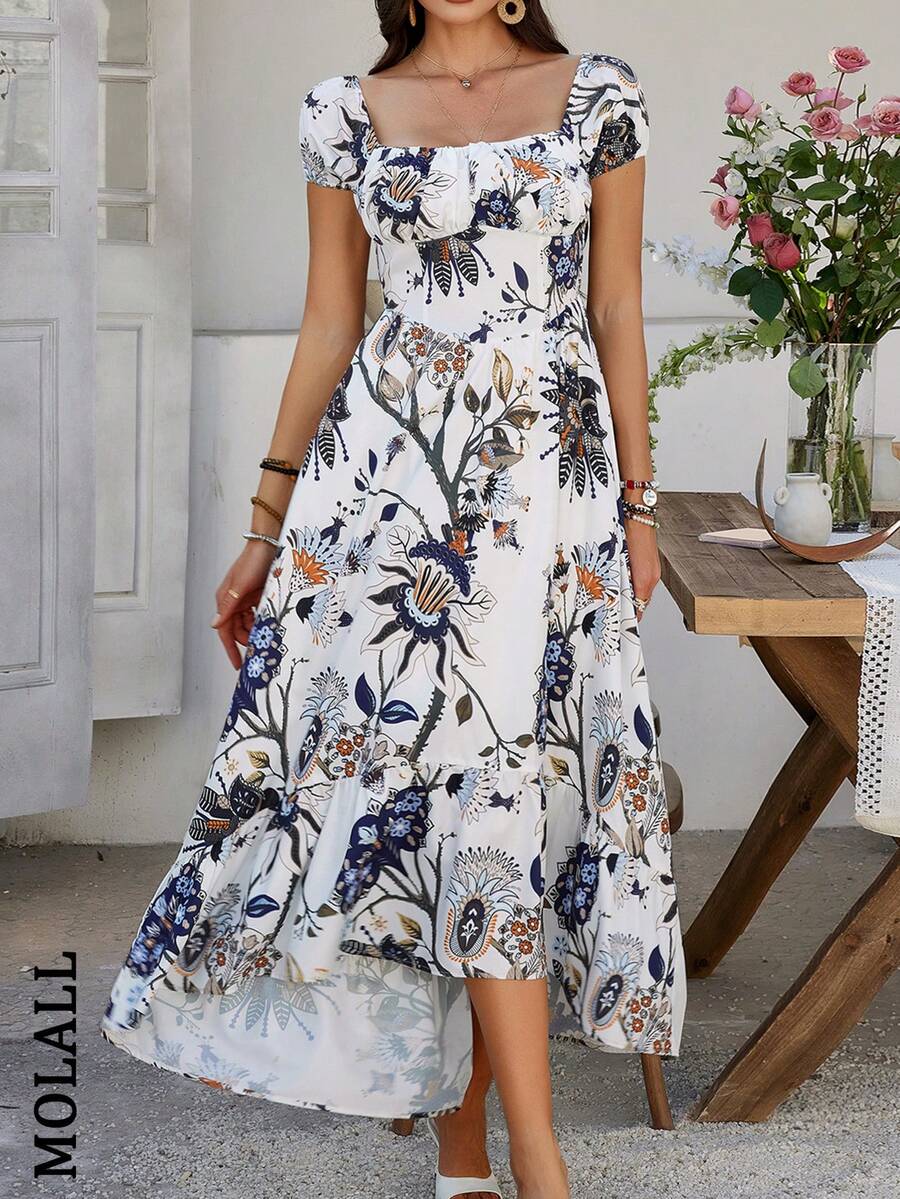 波西米亚风格露背收腰露肩花卉印花连衣裙，夏季