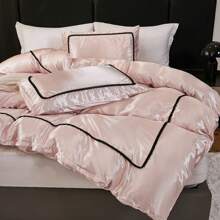 Satin Comforter Set 7 Pieces Queen Size Bed In A Bag Luxury Polyester Satin Bedding Set With Comforter Pillowcases And Sheets Sets Pompoms Design Super Soft Silky Bed Set For All Season - 藕粉色 - 查看 4