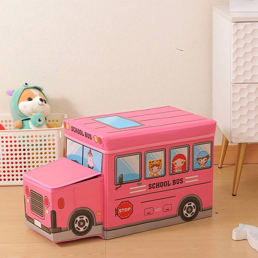 Caja de almacenamiento plegable con diseño de autobús escolar, un accesorio decorativo y funcional perfecto para mantener ordenadas las habitaciones de los niños, ofreciendo una forma divertida de organizar juguetes, ropa o cualquier tipo de artículos. Cuenta con un creativo diseño de autobús escolar y está disponible en múltiples colores llamativos. - Rosa - Ver 1