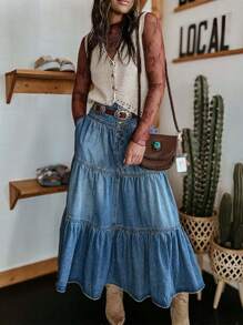 Women Summer Denim Skirt Casual Solid Color Ruffled Hem High Waist A-Line Jeans Skirt For Club Streetwear - Blue - View 3