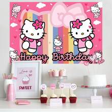 Sanrio 1 Striscione da parete per festa di compleanno a tema Sanrio KT Cat, decorazioni per festa a tema cartoni animati per doccia, forniture per decorazioni della camera da letto, tappezzeria o sfondo fotografico, 210 x 150 x 100/100 x 75 cm