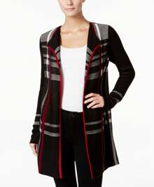 Charter Club Petite Plaid Open Front Cardigan - Black - View 1