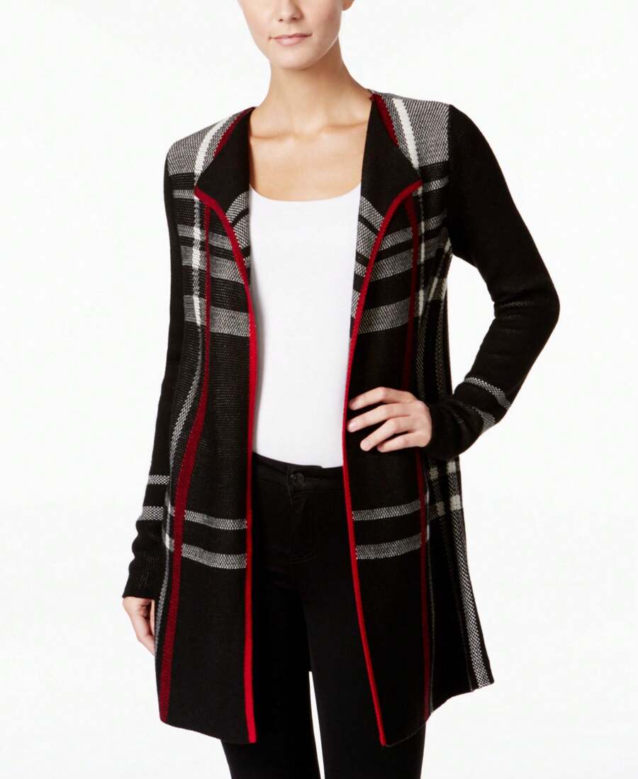 Charter Club Petite Plaid Open Front Cardigan - Black - View 1