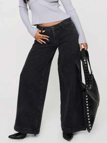 Womens Wide Leg Jeans Back Bow Print Low Rise Washed Denim Pants Casual Long Trousers - Black - View 1