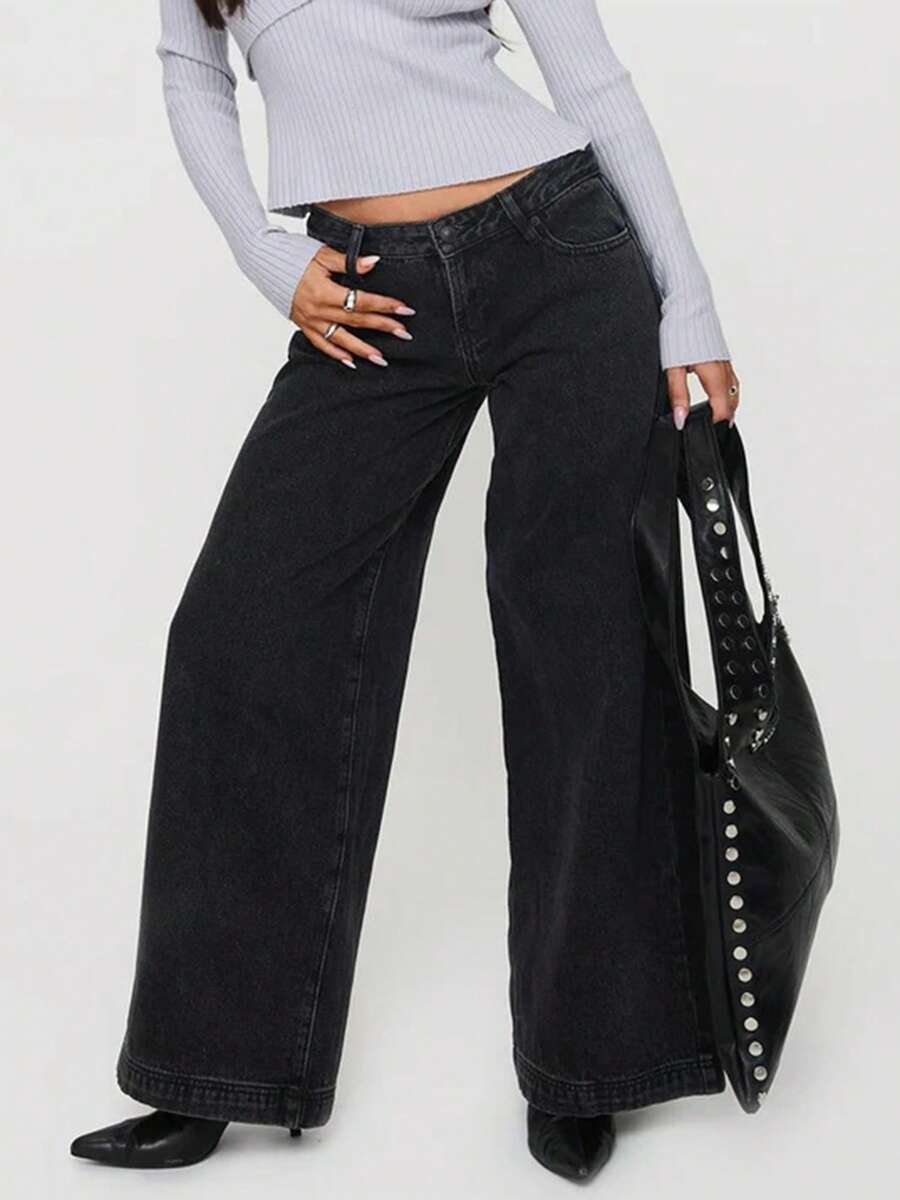 Womens Wide Leg Jeans Back Bow Print Low Rise Washed Denim Pants Casual Long Trousers - Black - View 1