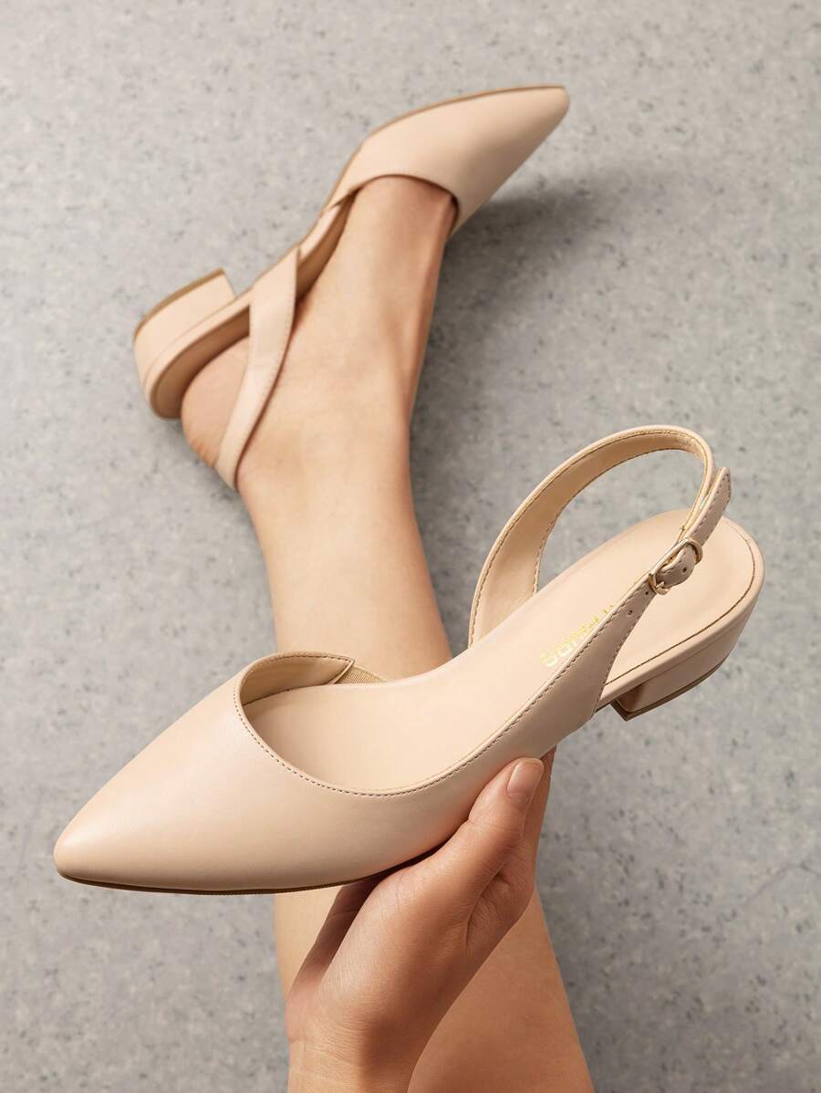Womens Slingback Kitten Low Block Heels Pumps Closed Pointed Toe  Elegant Comfortable Dressy Pumps Wedding Casual Dress Shoes - Màu be - Xem 1