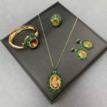 Bộ trang sức nữ thủ công 5 món, Bộ trang sức Thổ Nhĩ Kỳ mạ vàng kèm đá tâm trạng bằng đồng pha lê, Vòng cổ mặt dây chuyền độc đáo, Bông tai, Nhẫn, Bộ vòng tay cho trang phục dạ hội của phụ nữ - bộ đồ - Xem 9