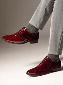 Men's Dress Shoes Classic Lace-Up Caden Glossy Velvet Formal Oxford For Business Dinners  Parties Cocktail Events Weddings  Valentine's Day Gifts - Burgundy - View 3