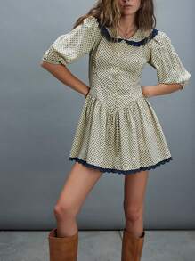 Women Summer Mini Dress Short Sleeve Doll Collar Dot Print Button Up Cocktail Dress - Apricot - View 1