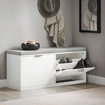 SoBuy FSR147-W, Hallway Shoe Bench Shoe Rack Shoe Cabinet With 2 Flip-Drawers And Seat Cushion