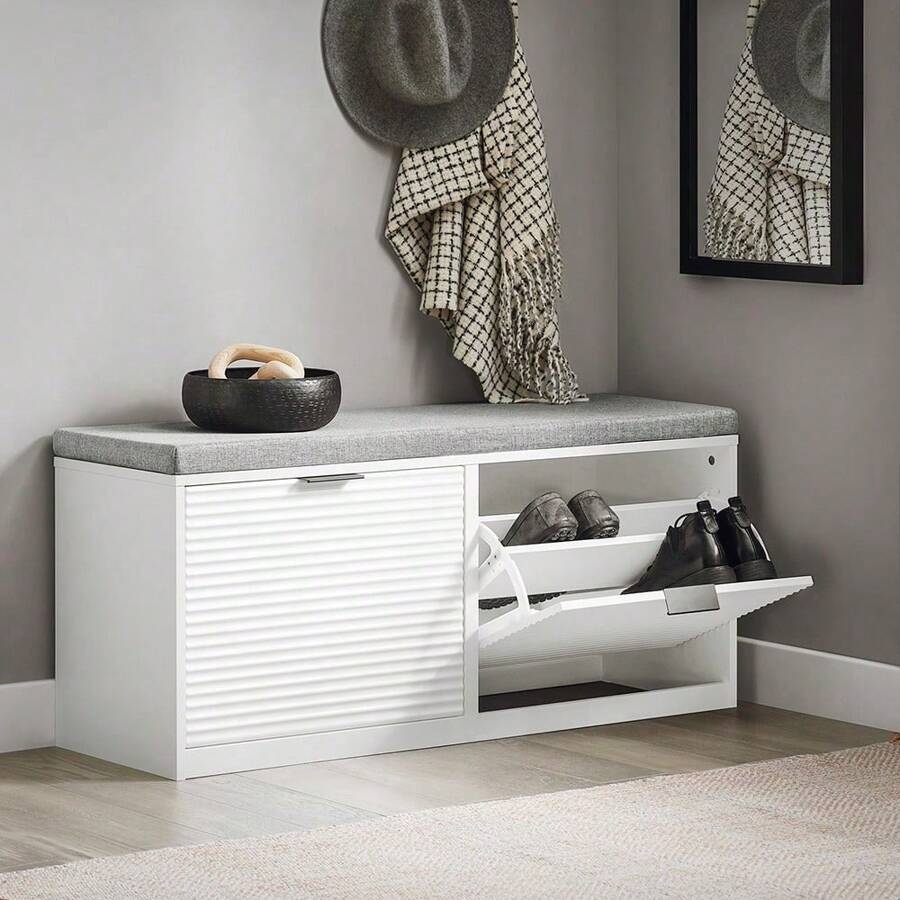 SoBuy FSR147-W, Hallway Shoe Bench Shoe Rack Shoe Cabinet With 2 Flip-Drawers And Seat Cushion - White - View 1