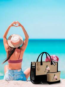 Túi tote họa tiết hoa Begonia hồng, chữ cái đen từ A đến Z, có quai đeo vai và túi đựng mỹ phẩm, túi quà tặng cá nhân hóa có ngăn bên hông, túi đi biển kèm khăn quàng cổ, túi đựng đồ du lịch đơn giản, túi đựng mỹ phẩm du lịch. - Màu Khaki - Xem 4