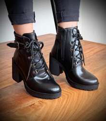 Women's Combat Boot High Heel Smooth Shaft Short Tractor Comfortable Lightweight And Stylish - Black - View 2