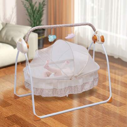 Electric Baby Cradle With Remote Control, Anti-Tilt Design, Adjustable P Endulum, Mosquito Net, And Music Player For Infants 0-18 Months (Khaki)