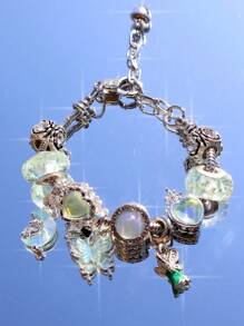 1 件破碎童话魅力手链、绿色手链、可调节心形手链、蝴蝶吊坠项链、月亮项链 - 銀色 - 查看 13