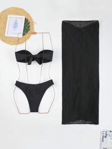Women's Bandeau Bikini Set With Metal Starfish Decor & Skirt, Three Pieces Swimwear Set For Beach Summer Vacation