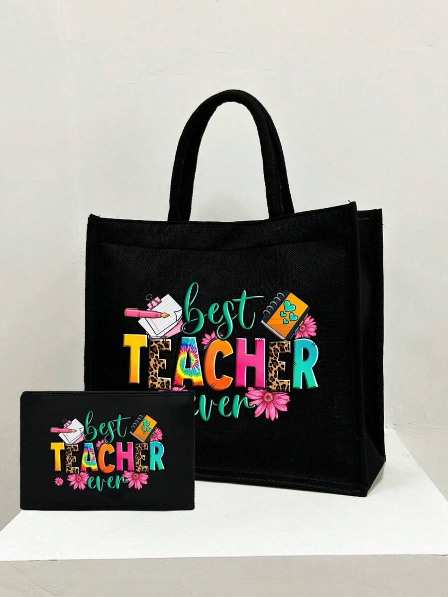 Creative Teacher Alphabet Printed Linen Handbag,Big Bag With Small Bag,Khaki Color Block Shopping Bag - Black - View 1