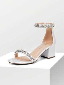 Women Chunky Low Heel Pump Sandals  Rhinestone Decor Ankle Strap Open Toe Heeled Sandals, For Daily Wearing Prom Party Wedding - 白色 - 查看 1