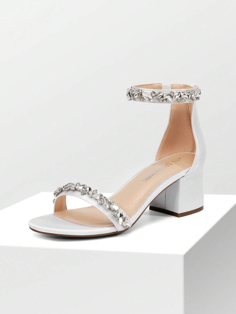 Women Chunky Low Heel Pump Sandals  Rhinestone Decor Ankle Strap Open Toe Heeled Sandals, For Daily Wearing Prom Party Wedding - 白色 - 查看 1