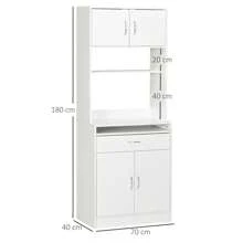 HOMCOM HOMCOM Alacena de Cocina Mueble Aparador Auxiliar con 4 Puertas Bandeja Extraíble Estante Ajustable Cajón y Encimera de Microondas Abierta 70x40x180 cm Blanco