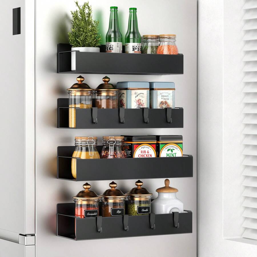 1pc/2pcs/4pcs Set, With 2pcs/4pcs Hooks, Black/White/Beige, Multi-Size, Magnetic Refrigerator Storage Rack, No Drilling Storage Shelf, Spice Rack, Kitchen Accessories Set - Multiple Sizes