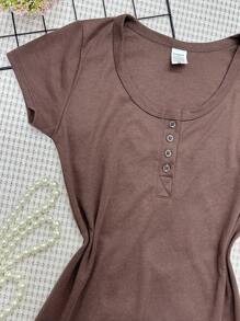 Short Sleeve Cotton Blouse With Openable Button - 咖啡棕 - 查看 2