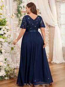 Plus Size Butterfly Sleeve V-Neck Floral Lace Contrast Chiffon Rhinestone Ribbon Waist Evening Party Dress