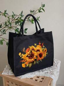 向日葵蝴蝶印花手提包和化妆包套装，可爱旅行化妆包，轻便化妆品收纳袋，零钱包，旅行必备 - 黑色 - 查看 4