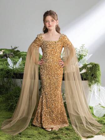 Tween Girl fyrkantig halsringning Glitter sjöjungfru formell klänning med extra långa skira ärmar