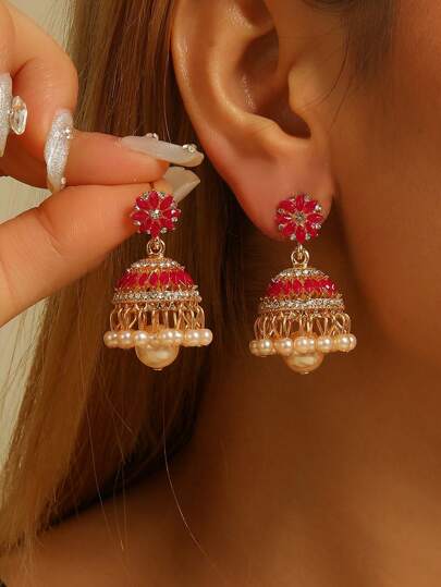 1 Pair Colorful Bohemian Style Crystal Flower Earrings With Tassel & Bell Decor, Faux Pearl Drop Earrings, Charming Earrings Suitable For Women's Daily Wear, Festivals, Weddings And Parties