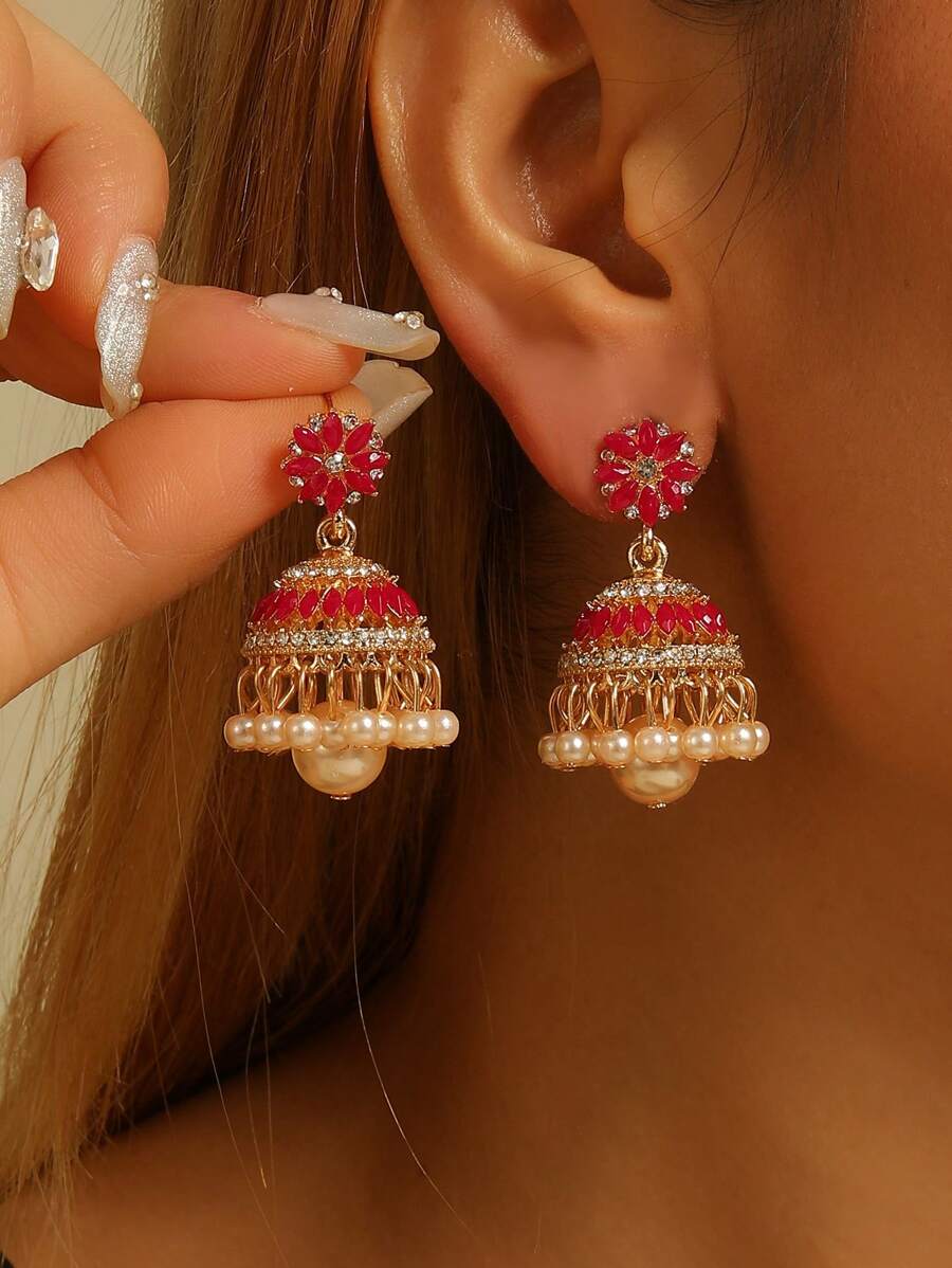 1 Pair Colorful Bohemian Style Crystal Flower Earrings With Tassel & Bell Decor, Faux Pearl Drop Earrings, Charming Earrings Suitable For Women's Daily Wear, Festivals, Weddings And Parties - Multicolor - View 1