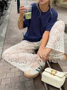 Women Wide Leg Lace Pants Casual Loose Sheer Lace High Waist Trousers For Work Office Streetwear - White - View 4