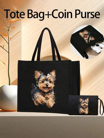 Spacious And Chic Yorkshire Terrier Tote Bag, Cute Puppy Print - Reusable Grocery Bag, Durable Shoulder Strap, Perfect For Shopping And Gifts, Women'S Large Capacity Beach Shoulder Bag, Perfect Gift For Grocery Store Shopping And Daily Use, Suitable For Travel, School And Daily Commuting, The Best Gift For Dog Lovers