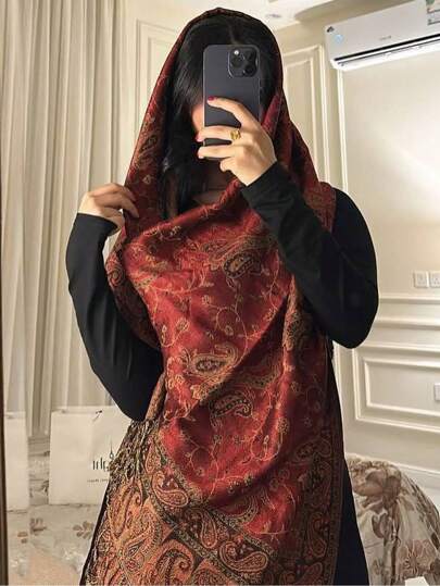 1件女士波西米亚风复古佩斯利花纹提花围巾/披肩，日常百搭