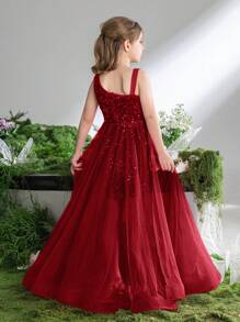 1pc Tween Girls' Sequined Dress With Asymmetric Neckline And Mesh Waist Detail - Red - View 3