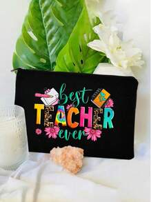 Creative Teacher Alphabet Printed Linen Handbag,Big Bag With Small Bag,Khaki Color Block Shopping Bag - Black - View 6