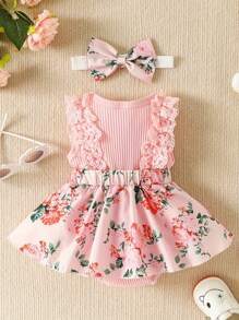 Mono de retazos para bebé niña, con estampado de flores, encaje, sin mangas, cuello redondo, lazo frontal y diadema - Rosa brillante - Ver 3
