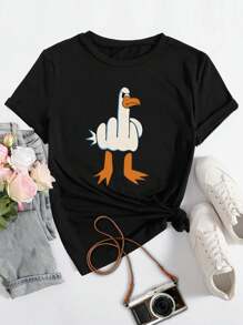 Funny Cute Women's Graphic Tee | I Don't Give A Duck Middle Finger T-Shirt - Cotton Super Soft Comfy - 黑色 - 查看 3